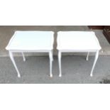 Two small glass top painted side tables 54cm H 55cm W