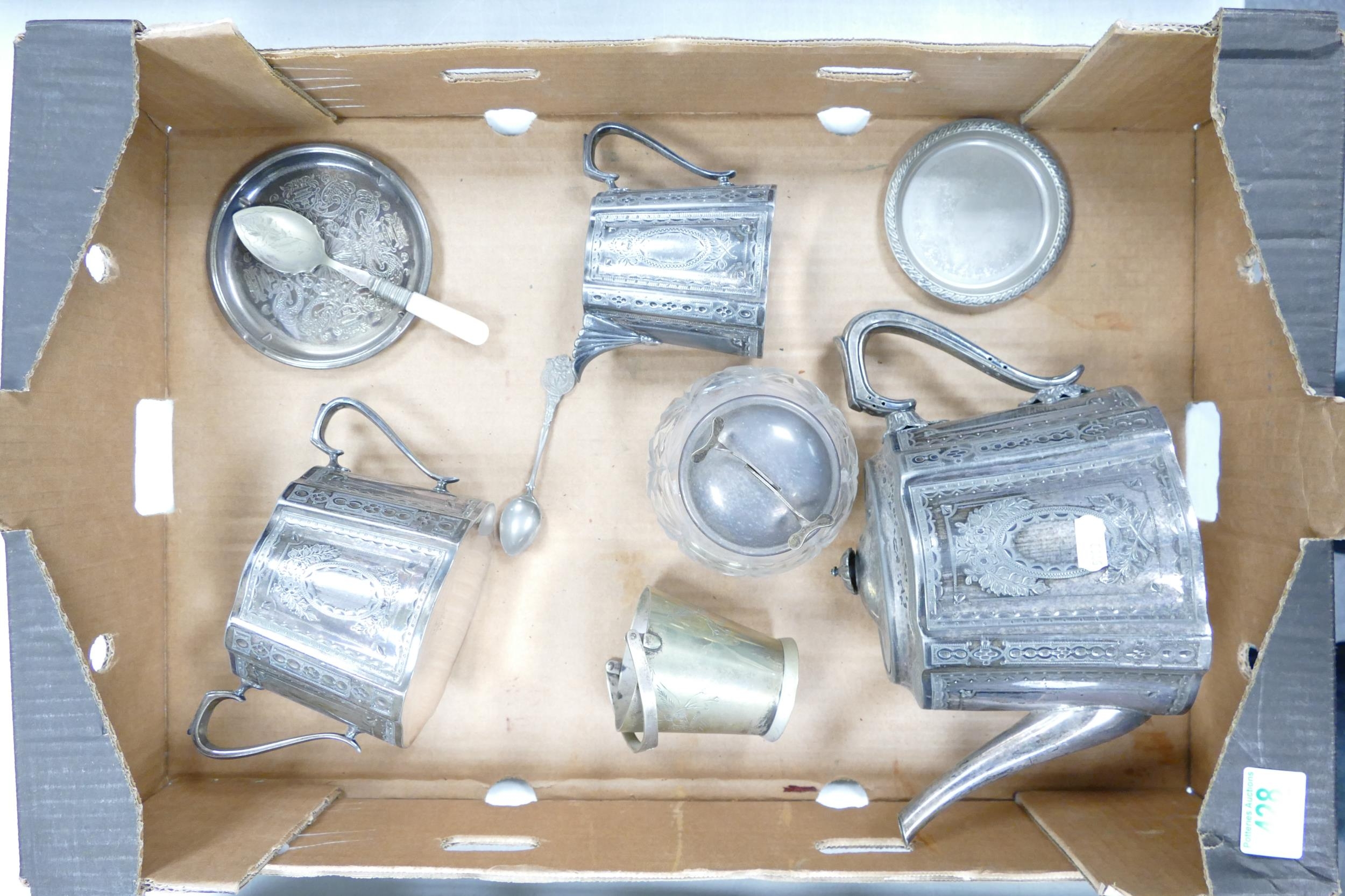 Walker & Hall silver plated teapot , milk jug together with a lidded sugar cube pot and servers,