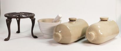 A Collection of Stoneware items including Bed Warmers, Cast Iron Kettle Stand & Mortar / Pestle