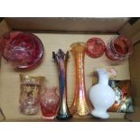 A collection of glass ware items to include carnival glass vases, cranberry glass items etc (1
