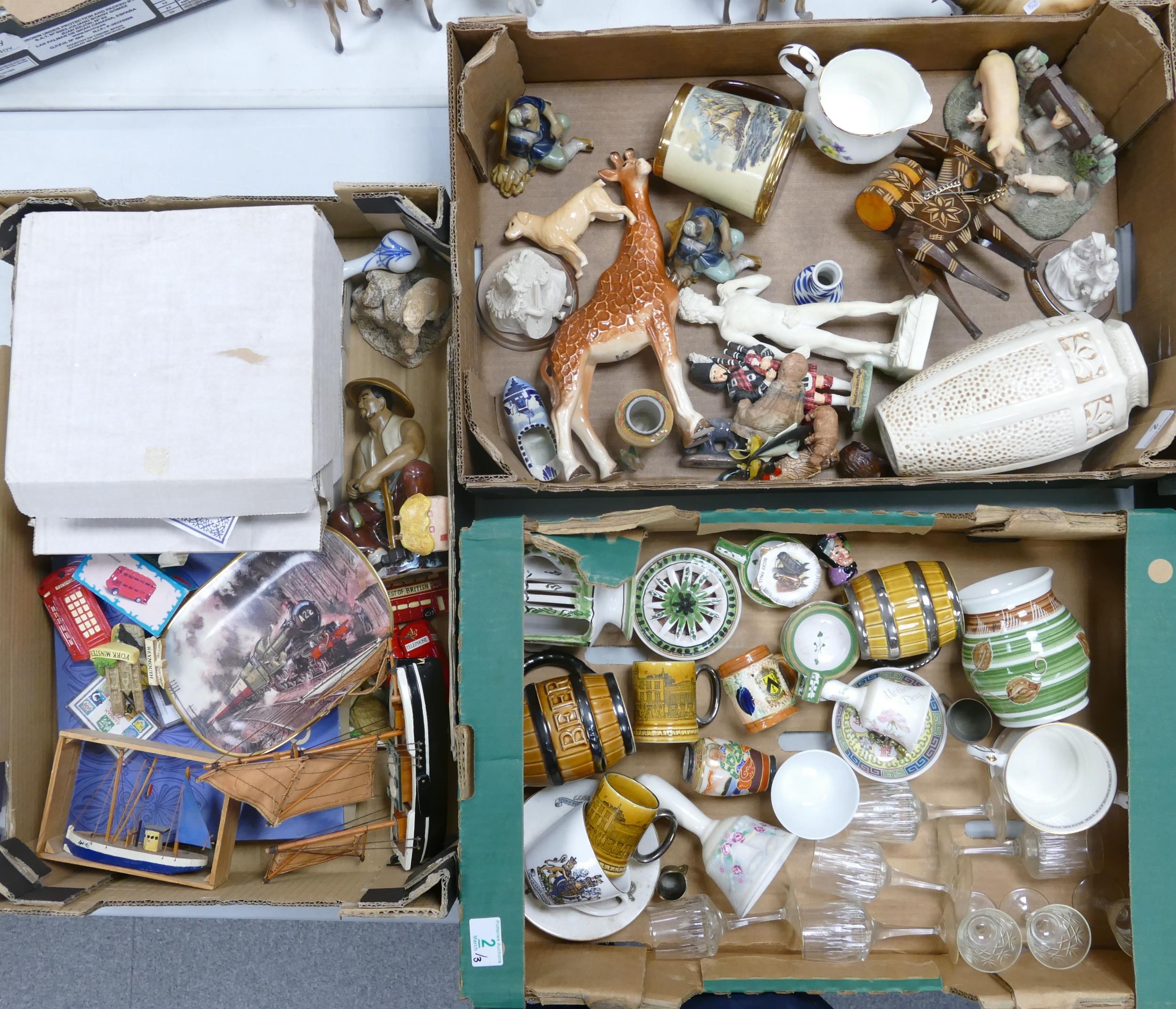 A mixed collection of items to include Wedgwood plates, decorative figures , Wade Vase etc (3 trays)