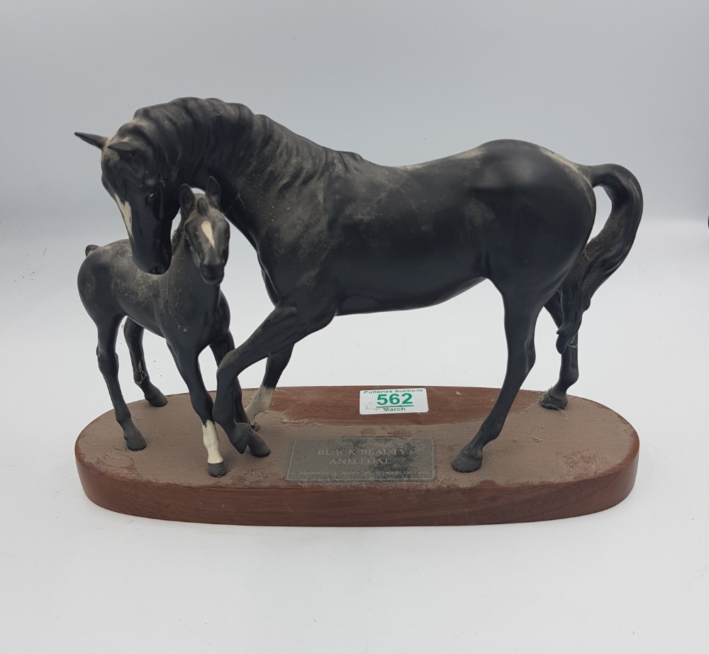 Beswick Black Beauty & Foal on wooden plinth