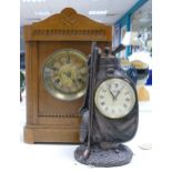 Oak & Novelty Mantles Clocks, height of tallest 35cm(2)