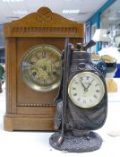 Oak & Novelty Mantles Clocks, height of tallest 35cm(2)