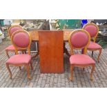 Quality yew wood extending dining table and 4 balloon back dining chairs, table stands on twin