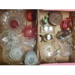 A collection of glass ware items to include silver plated condiment set, cranberry glass bowls,