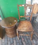 Tapering barrel shaped drinks cabinet/occasional table together with a single arts & crafts chair (