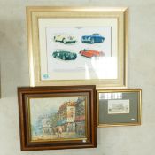 Framed watercolour of Little Morton Hall,signed oil on canvas of a city scene and a framed print