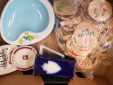 A collection of vintage Silverplate Cutlery Babysham Pub Ashtray, Blue White Water Jug along with