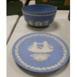 Wedgwood Blue Jasperware Footed bowl & Plate(2)