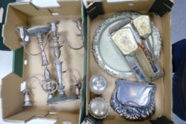 A mixed collection of items to include Candelabras, Dressing Table set, serving tray etc (2 trays)