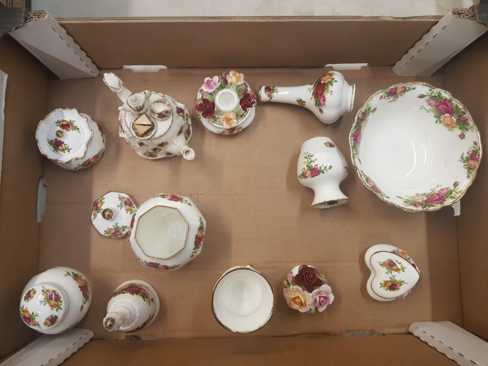 Royal Albert Old Country Roses items to include vases, miniature teapot, urns etc (1 tray).