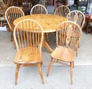Large circular Pine farmhouse dining table together with 2 vintage elm spindle back chairs & 4