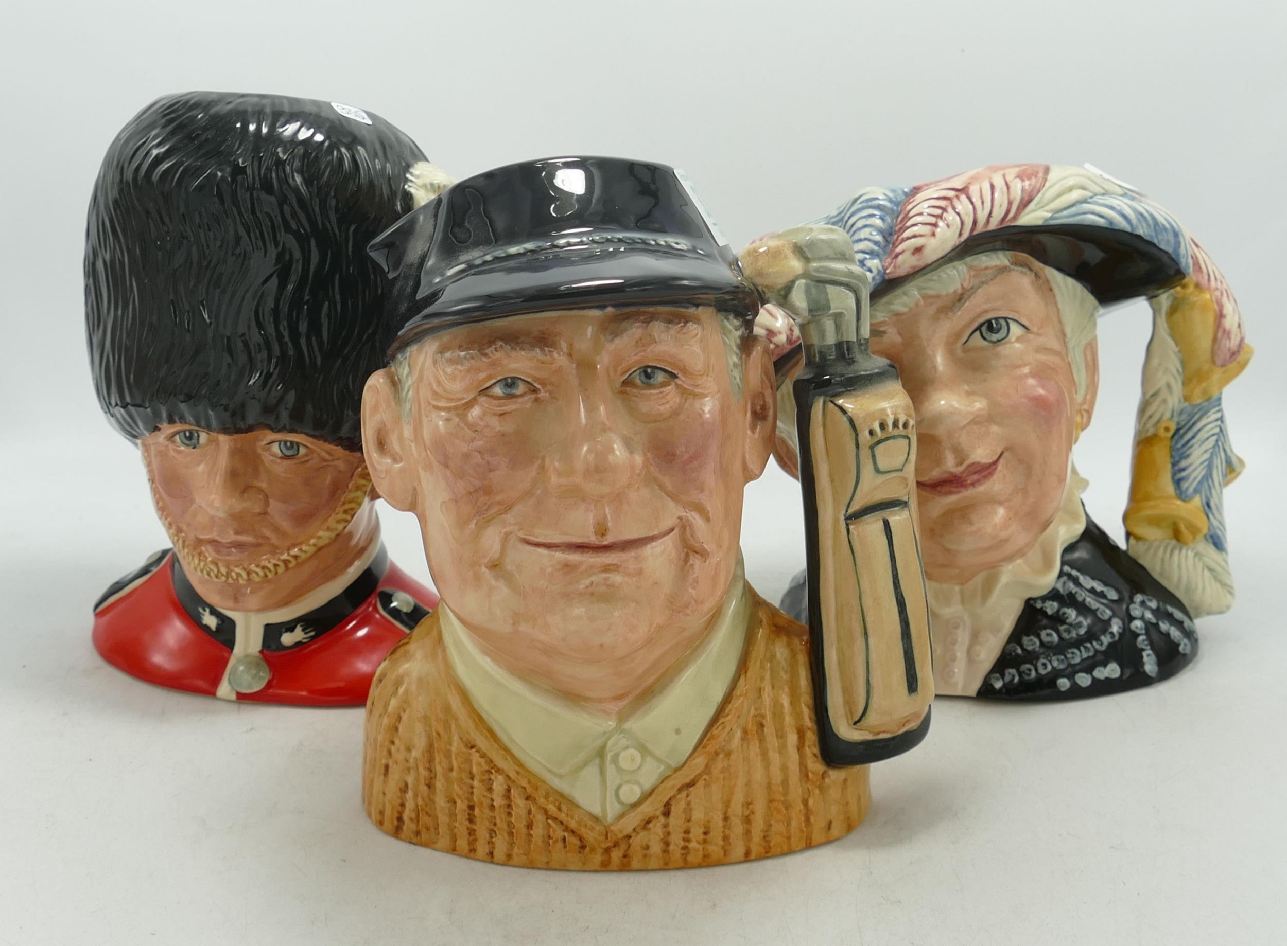 Royal Doulton Large Character Jugs to include The Guardsman D6755, Pearly Queen D6759 & Golfer