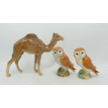 Beswick Camel 1044 (small chip to ear) & two small Barn Owls (3)