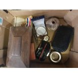 Mixed collection of items to include antique tea caddy, 1914-1915 war medal for Private H.