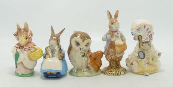 Royal Albert Beatrix Potter figures to include Old Mr Brown, Peter with Postbag, Lady Mouse, Mrs