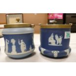 Two Wedgwood Dip Blue Biscuit Barrels with metal mounts,height of tallest 16cm(2)