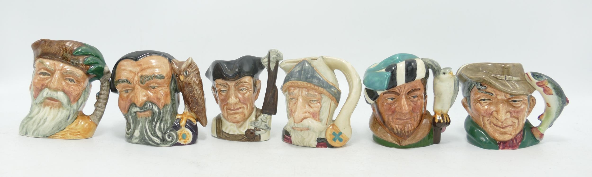 Royal Doulton Miniature Character Jugs Merlin D6543, Robinson Crusoe D6546, Don Quixote D6511,