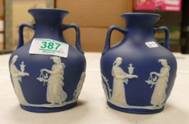 Wedgwood Dip Blue Portland Shaped vases, marked Wedgwood & Co Ltd, height 11cm(2)