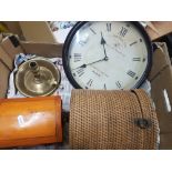 A mixed collection of items to include brass candlestick, repro wall clock, wicker basket & wooden