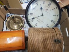 A mixed collection of items to include brass candlestick, repro wall clock, wicker basket & wooden
