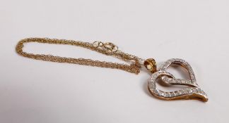 9ct gold diamond heart shaped pendant and chain, 2.2g.