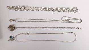 A collection of Silver jewellery including Silver ornate floral choker necklace and three necklace