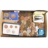 A collection of coins including commemorative coins, early copper coins, medallions, Ronson boxed