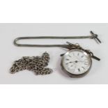Silver English Lever pocket watch and chain, together with Silver Albert chain, 45.8g.
