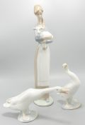 Lladro Figure of Girl with Lamb & two seperate geese, tallest 26cm(3)