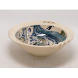 Studio art pottery blue and green marble effect bowl with twisted handles. Diameter 23.5cm