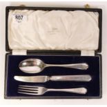 Cased hallmarked silver knife, fork & spoon, weight excluding knife 102.7g.