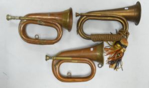 Three Vintage Copper & Brass Bugles, length 27cm(3)