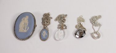 Silver mounted Wedgwood brooch and chain and pendant together with three other necklaces