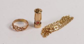 9ct gold miners lamp charm, 9ct ring and 9ct necklace, 6.2g.