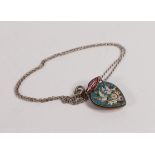 Vintage Silver micro mosaic heart shaped love pendant and chain, pendant decorated with flowers