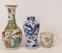 Two 19th Century Chinese Vases (a/f) & similar tea cup , tallest 17.cm(3)