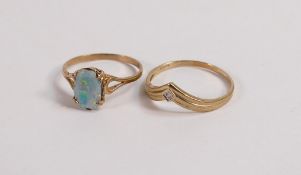 9ct diamond wishbone ring, size R, 1.4g and yellow metal ring set with oblong opal stone, 1.5g. (2)