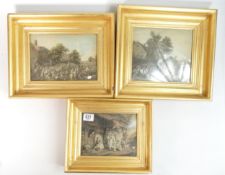 3 x 19th century prints, pair measuring 30cm x 38 cm, and single 26cm x 30cm, all including frames.