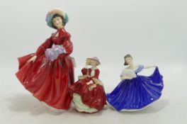 Royal Doulton Lady Figure Lilac Time Hn2137 together with Elaine Hn3214 & Top of The Hill Hn3499(3)