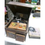 Distressed HMV Model 109 Table top gramophone with needle tins & accessories