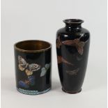 Cloisonne Enamel Vase & Pot decorated with butterflies, height of tallest 15.5cm(2)