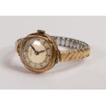 9ct gold ladies Medana wristwatch with gold plated expandable strap.