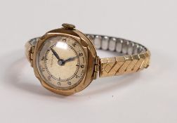9ct gold ladies Medana wristwatch with gold plated expandable strap.
