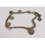 Victorian Silver Albert chain fitted with various pre-1947 threepences, 56.9g.