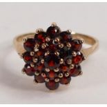 9ct gold gold garnet cluster ladies dress ring, UK size P, weight 3.2g.