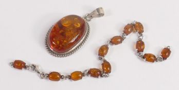 Hallmarked silver large faux amber set pendant, and similar bracelet (needs single silver jump