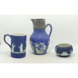 A group of dark blue Jasper ware dip items to include a Wedgwood circa 1860 Portland Jug with
