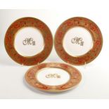 De Lamerie Fine Bone China, heavily gilded special commision dinner plates , specially made high end